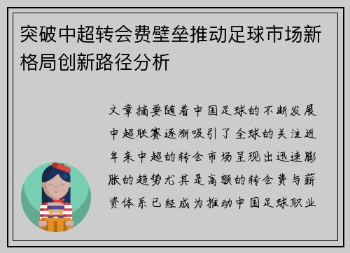 突破中超转会费壁垒推动足球市场新格局创新路径分析 突破中超转会费壁垒推动足球市场新格局创新路径分析