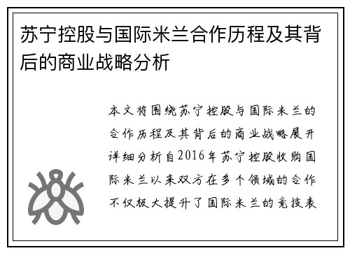 苏宁控股与国际米兰合作历程及其背后的商业战略分析 苏宁控股与国际米兰合作历程及其背后的商业战略分析